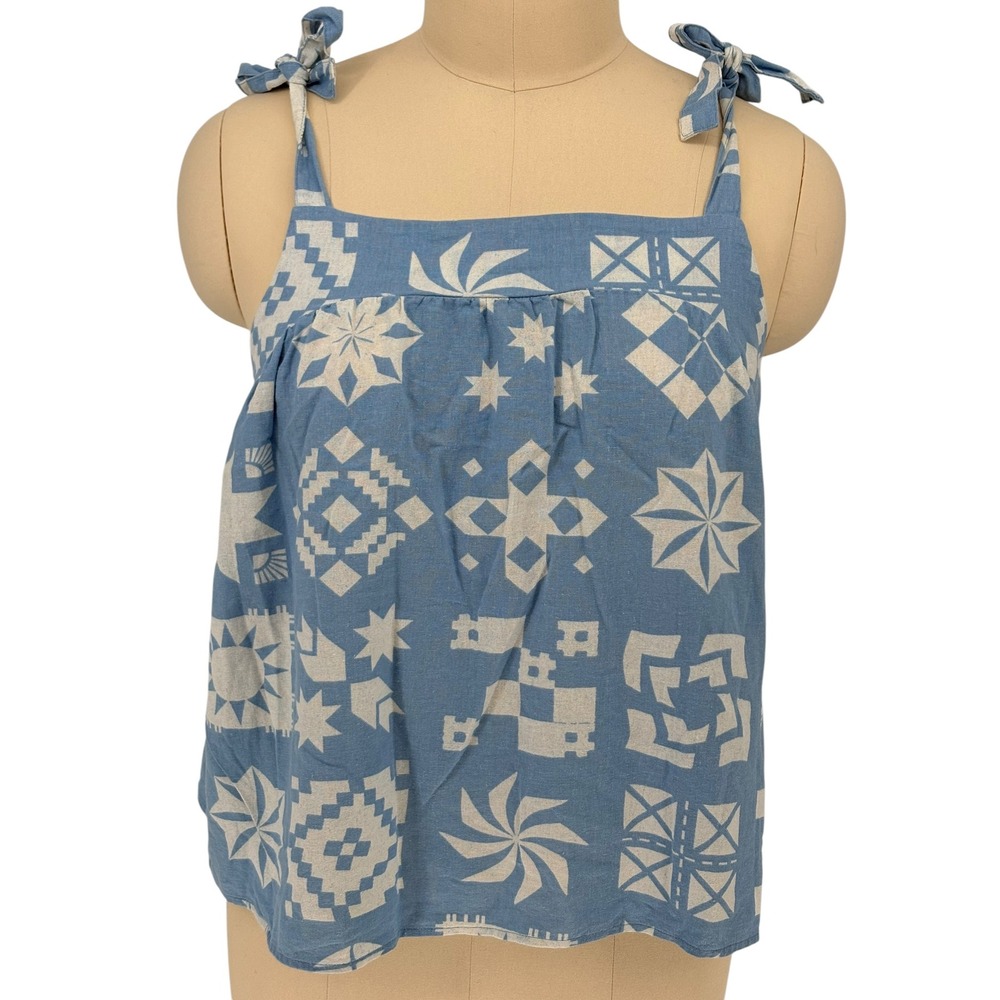 Sonoma Goods For Life Tank Top Blue White Quilt Print Tie Shoulder XXL
